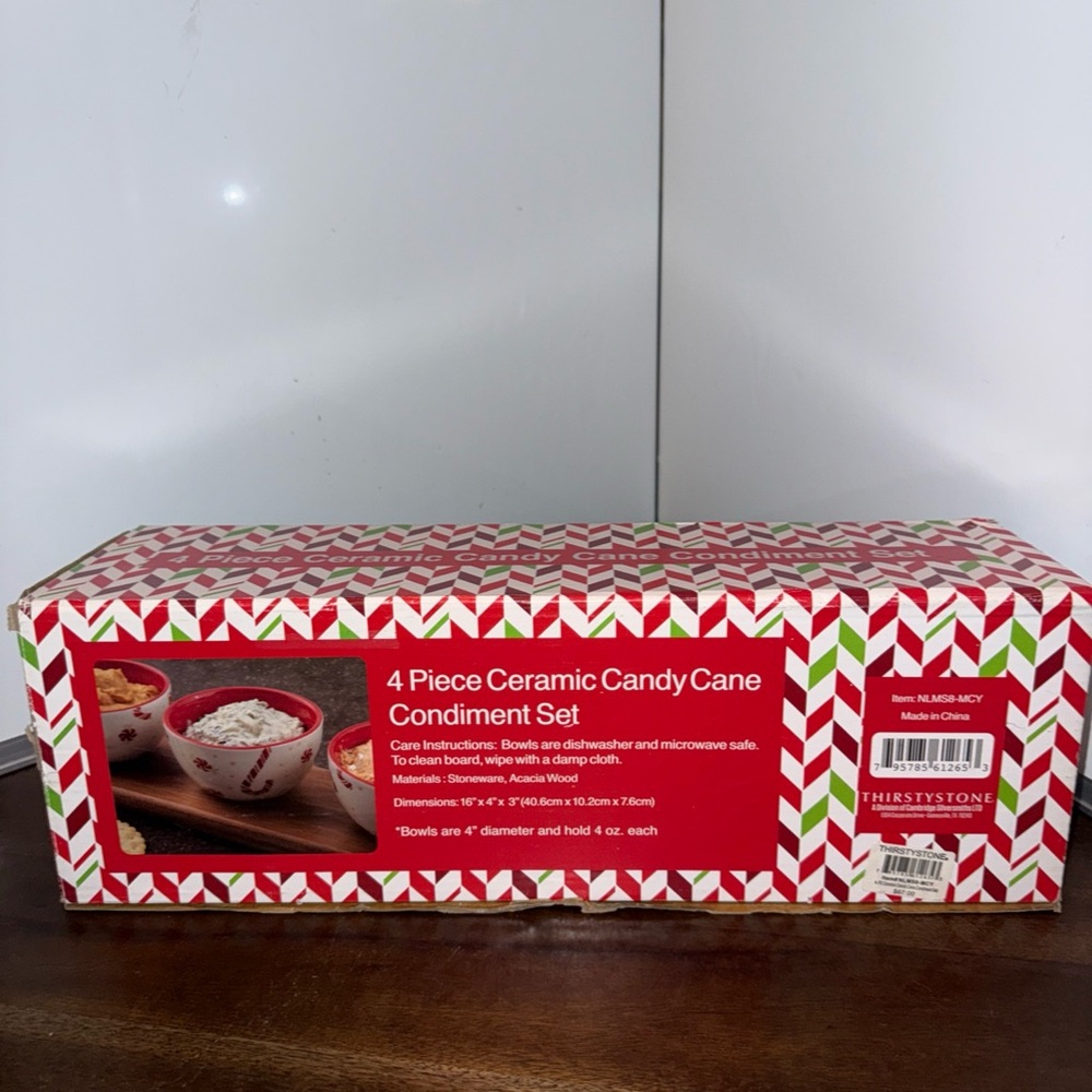 Thirstystone 4-Piece Ceramic Candy Cane Bowls Festive Holiday Condiment Set